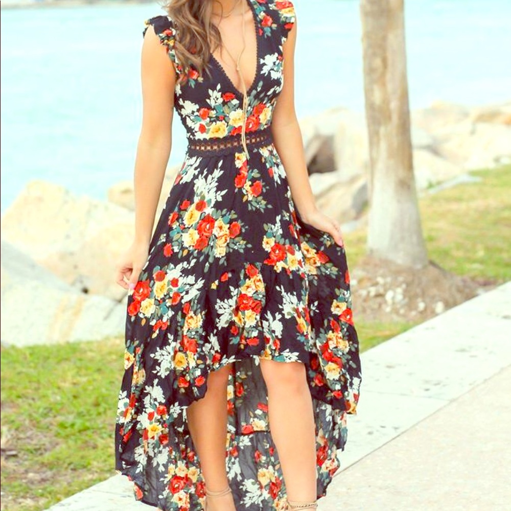 Navy Floral High Low Dress with Open Back